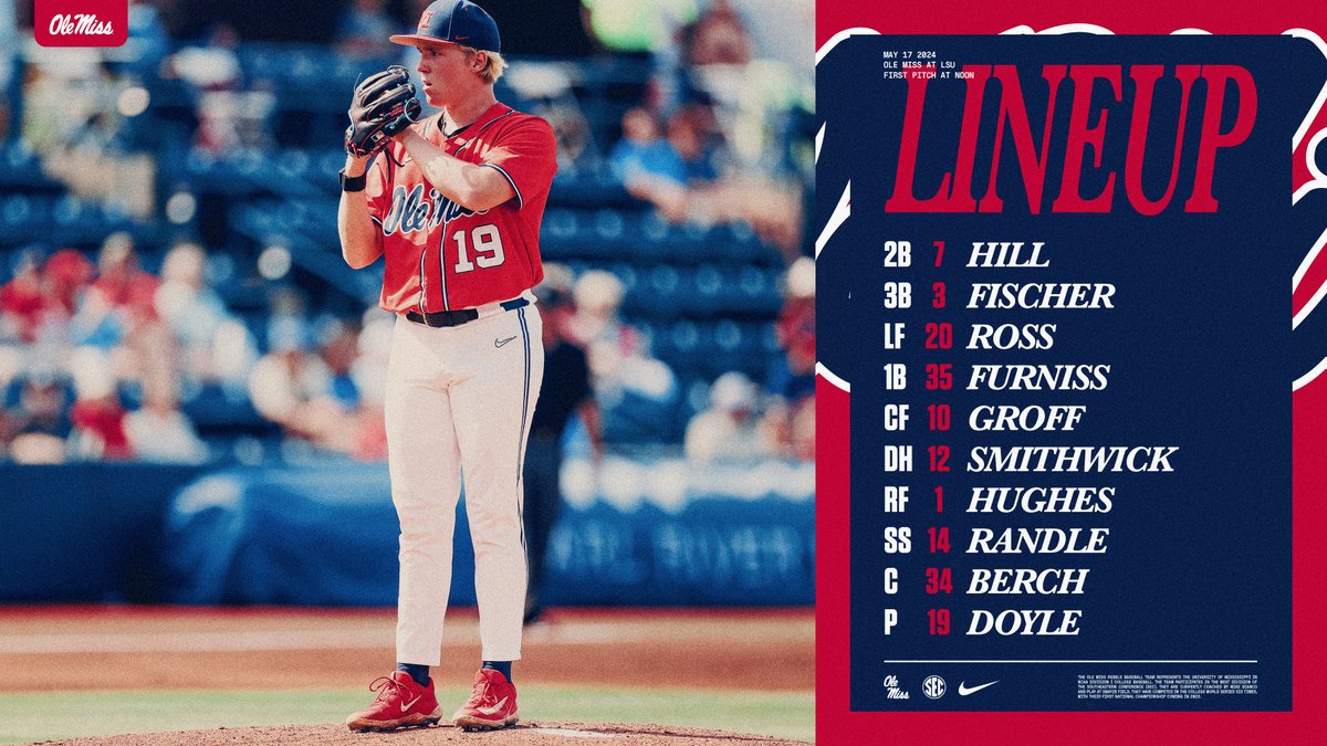 Lineup for game two at LSU #HottyToddy #RoadREBS