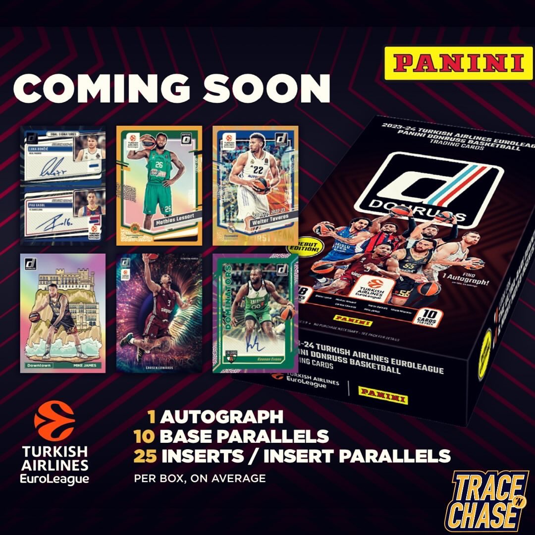 🛬Arriving Soon at Trace ‘n Chase 💥2023-24 Panini Donruss @EuroLeague Hobby Box🔥 👉🏼 tinyurl.com/y776a22a #whodoyoucollect #thehobby #tracenchase #showyourhits #bycollectorsforcollectors #RC #euroleague #paniniamerica #euroleaguebasketball #paninidonruss #bgs #psa