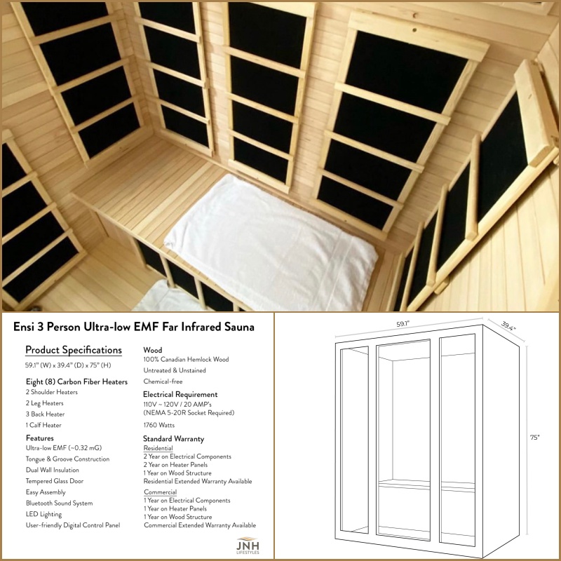 Our Ensi™ collection are stylish and beautifully crafted from the finest chemical-free Canadian Hemlock wood. The 3 person features 5' of seating area able to accommodate 1-3 individuals. #infraredsauna #3personsauna #farinfraredsauna jnhlifestyles.com/ensi-3-person-…