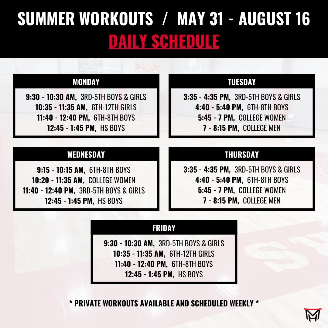 🏀 2024 SUMMER WORKOUTS

🗓 MAY 31 - AUGUST 16

💻 SCHEDULING IS OPEN (for June only)
*The July and August schedule should be similar to June, but they’re not up and online for scheduling/booking just yet.*

🗣️ “Summer Grind… Winter Shine!” ‼️

#MyersHoops #BeBetter #StuffWorks