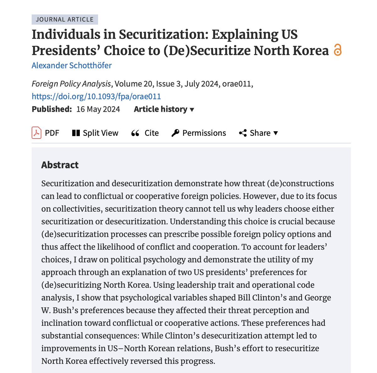 Alexander Schotthöfer (@a_schotthoefer) on Twitter photo New publication! In my article in <a href="/FPA_Jrnl/">Foreign Policy Analysis (FPA) Journal</a> I ask the often overlooked question of why leaders prefer either securitization or desecuritization. My findings suggest that psychological variables play a crucial role in the initiation of these processes. 1/3 academic.oup.com/fpa/article/20… New publication! In my article in <a href="/FPA_Jrnl/">Foreign Policy Analysis (FPA) Journal</a> I ask the often overlooked question of why leaders prefer either securitization or desecuritization. My findings suggest that psychological variables play a crucial role in the initiation of these processes. 1/3 academic.oup.com/fpa/article/20…