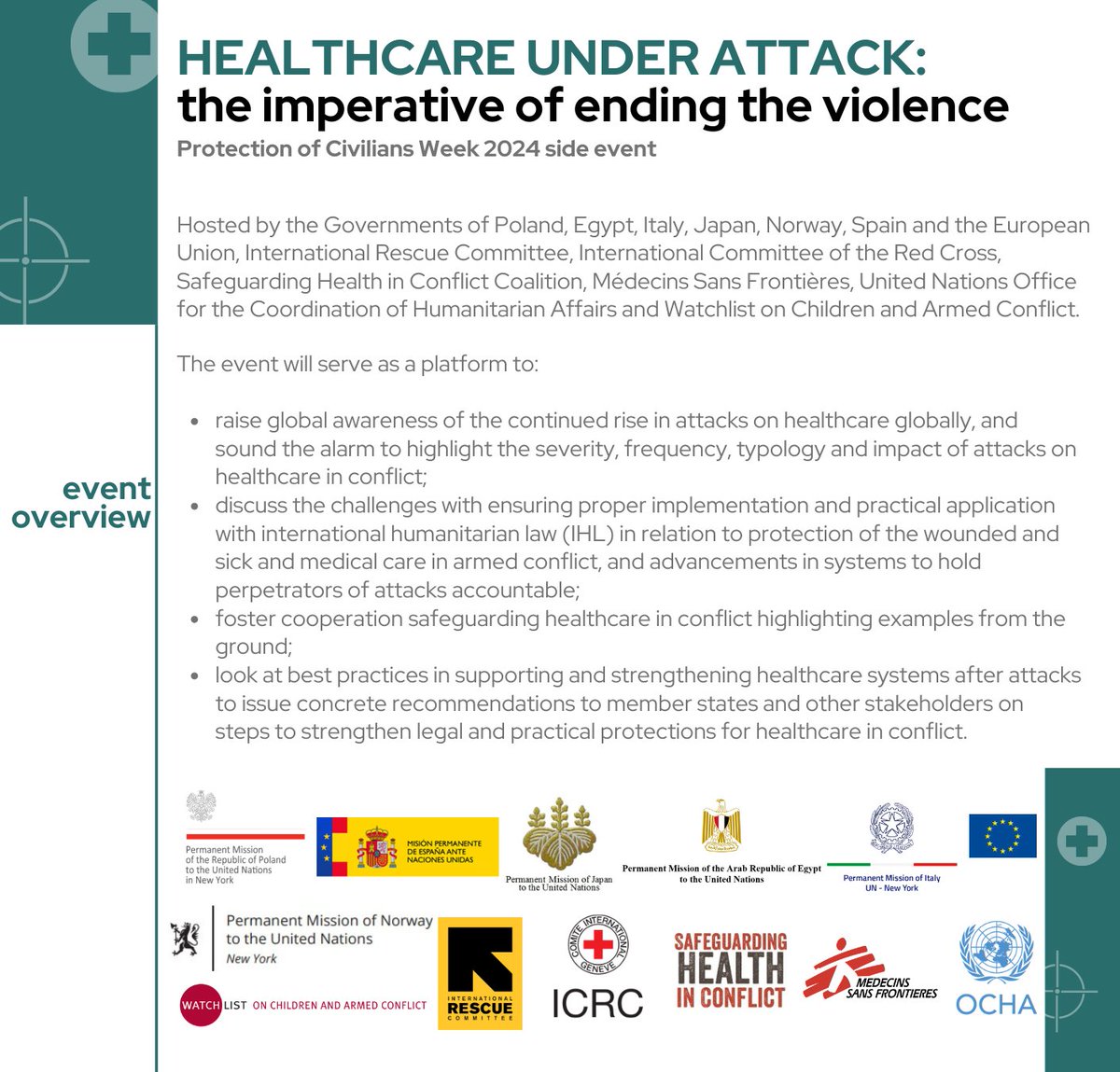 The Protection of Civilians Week starts in New York on Monday.

🛡️🏥 Preventing attacks on healthcare is a crucial aspect of protecting civilians in armed conflict. On Wednesday at <a href="/PLinUN/">Poland in the UN</a>, with our numerous partners, we will host an event on this highly important topic.

#PoC