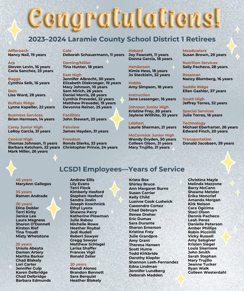 Thank you and congratulations to our retirees and employees for their years of service to LCSD1. ✨

#elevateLCSD1