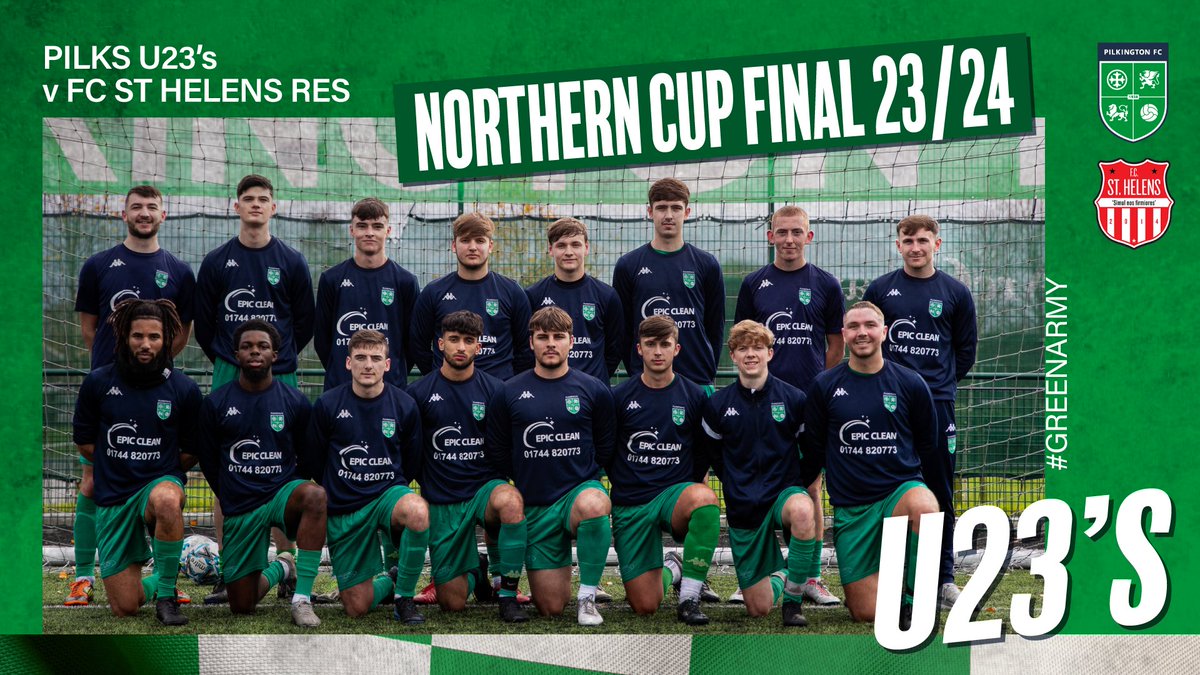𝐂𝐔𝐏 𝐅𝐈𝐍𝐀𝐋 𝐃𝐀𝐘!!!! Good luck to our u23s as they take on @fcsthelens Res today in the @northerncup82 final. 2pm KO @ashtontownfc See you all down there #GreenArmy 💚