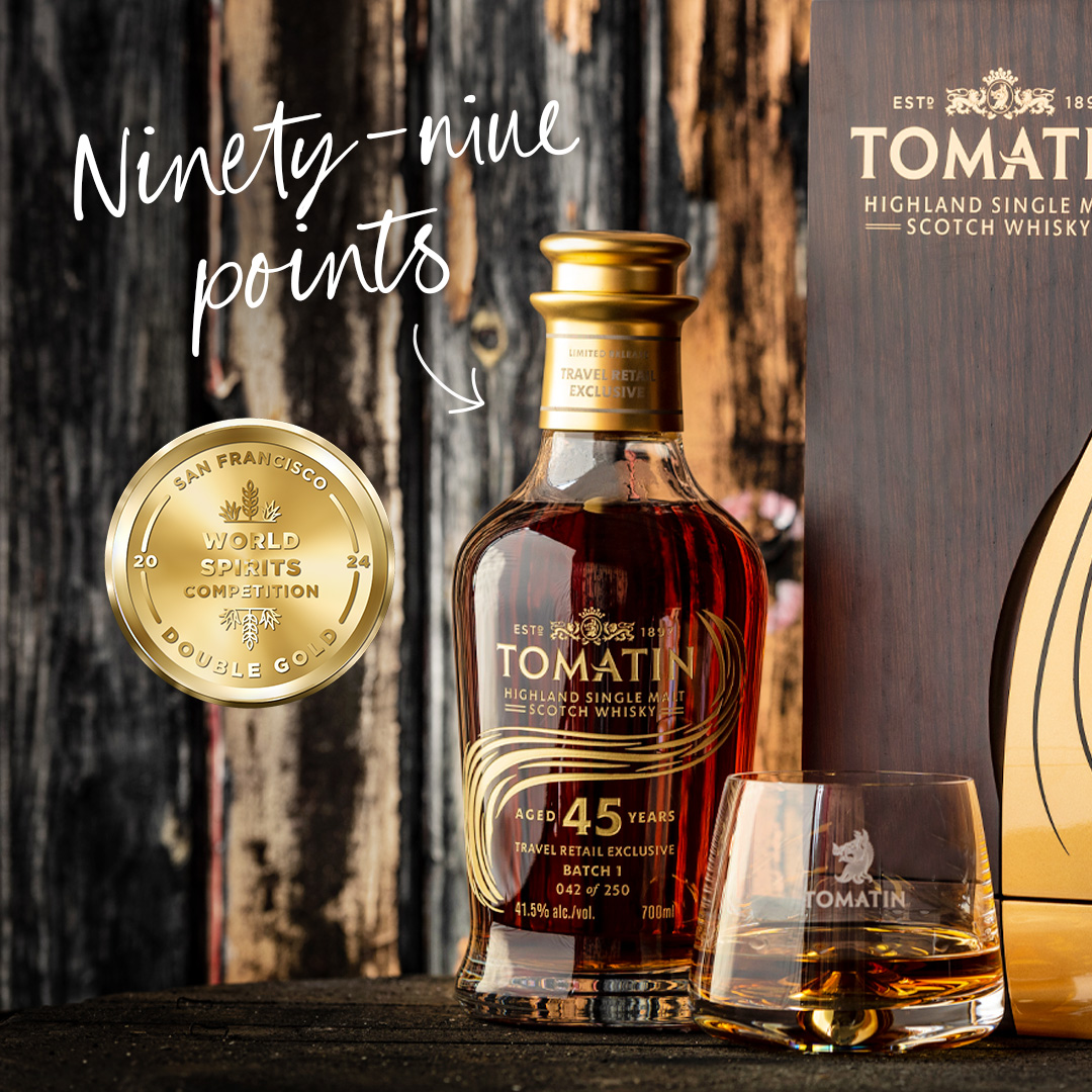 Tomatin Whisky (@tomatin1897) on Twitter photo After last year's win at the <a href="/SFWSpiritsComp/">SF WorldSpiritsComp</a> wherein our Tomatin 36 Year Old was crowned #BestInShow, it's been wonderful to see our single malts excite the judges once again.
In the spotlight this year is our luxurious Tomatin 45 Year Old, with a spectacular score of 99 points! After last year's win at the <a href="/SFWSpiritsComp/">SF WorldSpiritsComp</a> wherein our Tomatin 36 Year Old was crowned #BestInShow, it's been wonderful to see our single malts excite the judges once again.
In the spotlight this year is our luxurious Tomatin 45 Year Old, with a spectacular score of 99 points!