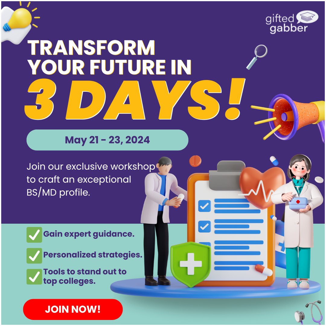 🌟 𝐑𝐢𝐬𝐞 𝐭𝐨 𝐭𝐡𝐞 𝐂𝐡𝐚𝐥𝐥𝐞𝐧𝐠𝐞! 

Join our BSMD 3-Day Challenge from May 21-23 and unlock your potential. 🎓 Step-by-step, we'll guide you through crafting a standout profile that catches the eye of top medical schools. 

rfr.bz/tleh139

#GiftedGabber