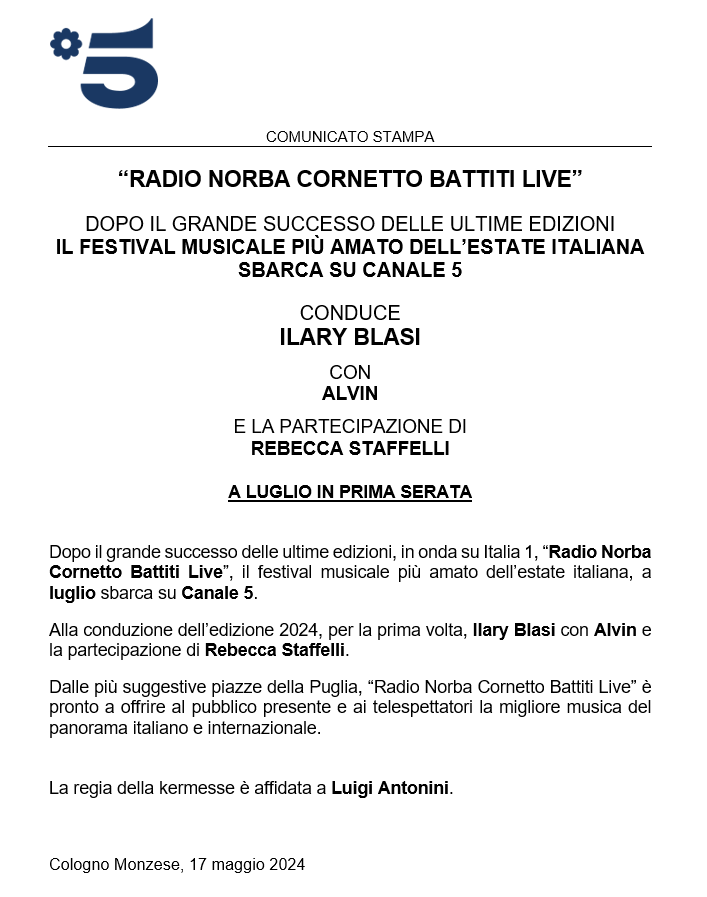 #RadioNorbaCornettoBattitiLive sbarca su #Canale5. Conduce #IlaryBlasi con @bravoAlvin e la partecipazione di #RebeccaStaffelli. A luglio in prima serata.