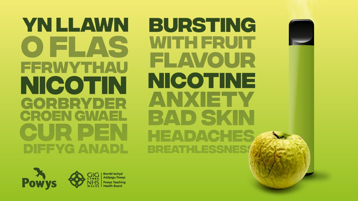 Vapes are bursting with more than just fruit flavour…

Vapes can contain highly addictive, harmful nicotine. Vaping can cause bad skin, anxiety, headaches and breathlessness.

To get guidance or support to quit vaping, follow this link pthb.nhs.wales/vaping