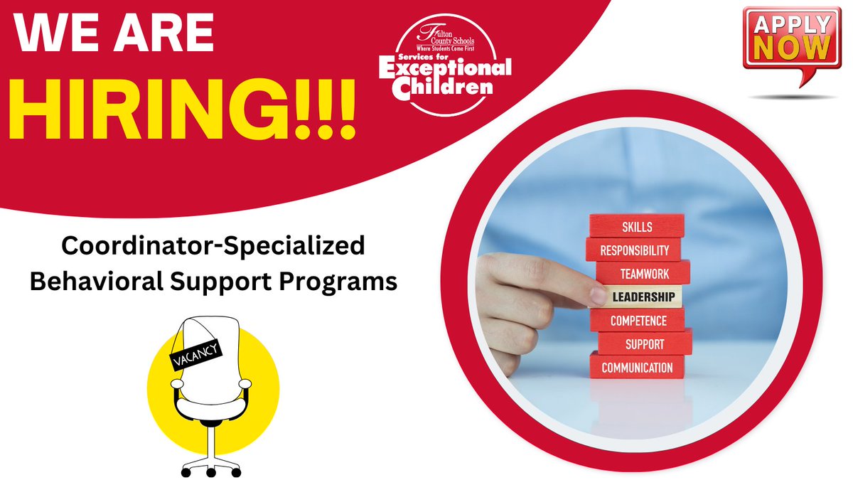 The SEC department is seeking a Coordinator for Specialized Behavioral Support Programs! Come join our talented team! #SECSTRONG @GillandTris @YolandaBW @SherryCP3 Click here for information and to apply now! jobs.fultonschools.org/job/Atlanta-Co…