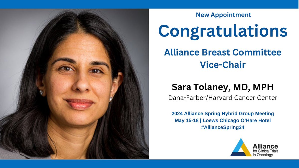 Congratulations to Sara Tolaney, MD, MPH @stolaney1 @df_hcc on her appointment as @ALLIANCE_org Breast Committee Vice-Chair! #AllianceSpring24 #NCI #NCTN #CancerResearch