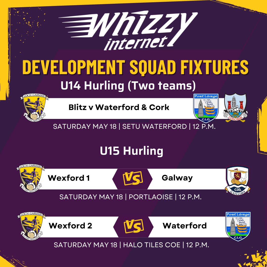 The line-up of this weekend's action for the U14 and U15 hurlers of our <a href="/WhizzyInternet/">Whizzy Internet</a> Development Squads. All support will be much appreciated.