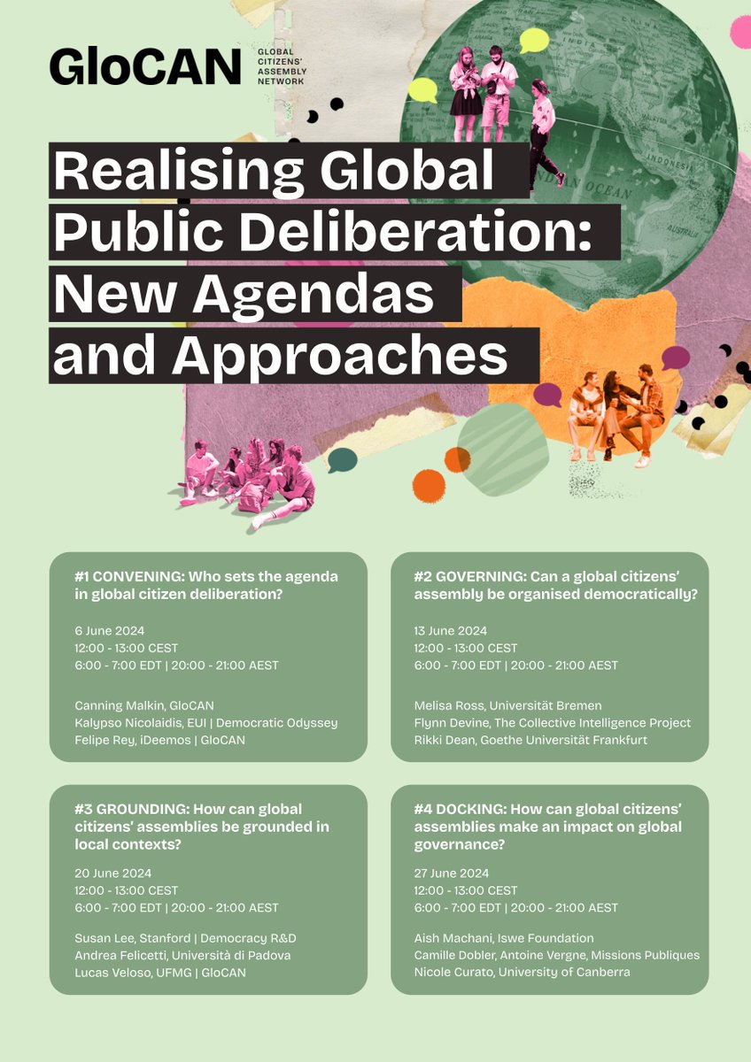 The Global Citizens' Assembly Network #GloCAN is hosting a seminar series this June on convening, governing, grounding, and docking global citizens' assemblies. All welcome. Register here: glocan.org/events/