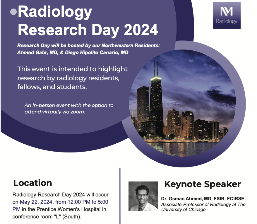 Please join us at our annual Radiology Research Day Wed 5/22. It includes oral and poster presentations of basic science, translational, and clinical research. Keynote address by Dr. Osman Ahmed, Associate Professor of Radiology at UChicago Medicine. #radiology #radiologyresearch