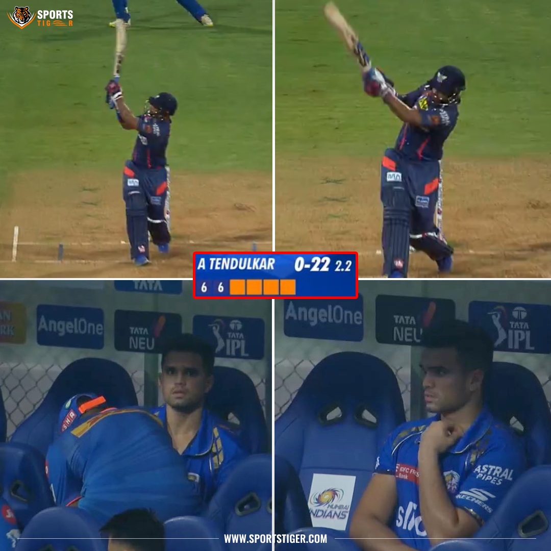 Arjun Tendulkar Off The Field After Getting Hit For Back-To-Back Sixes By Nicholas Pooran. Rohit Sharma comes to the field with a smile on his face. Tendulkar is struggling and the physio is out attending to him. Naman Dhir to complete this over. 📷: Twitter #MIvLSG #LSGvMI