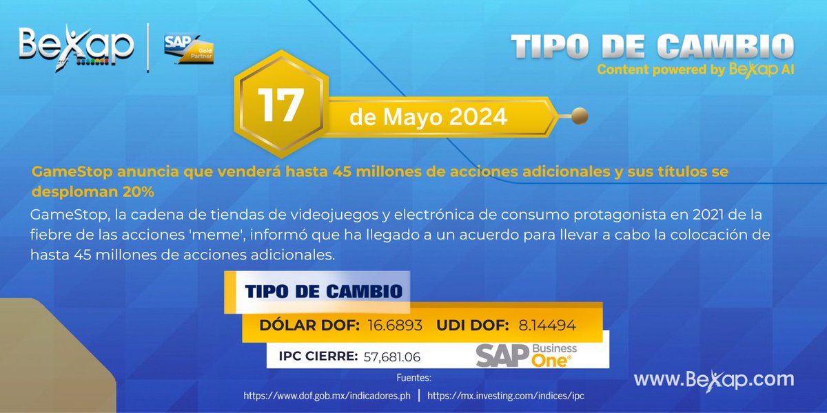 💵 #tipodecambio con @bexap_group  Tweet hecho por #IA y #automatización.  #saphana #onpremise #bexap #sap #tecnologia