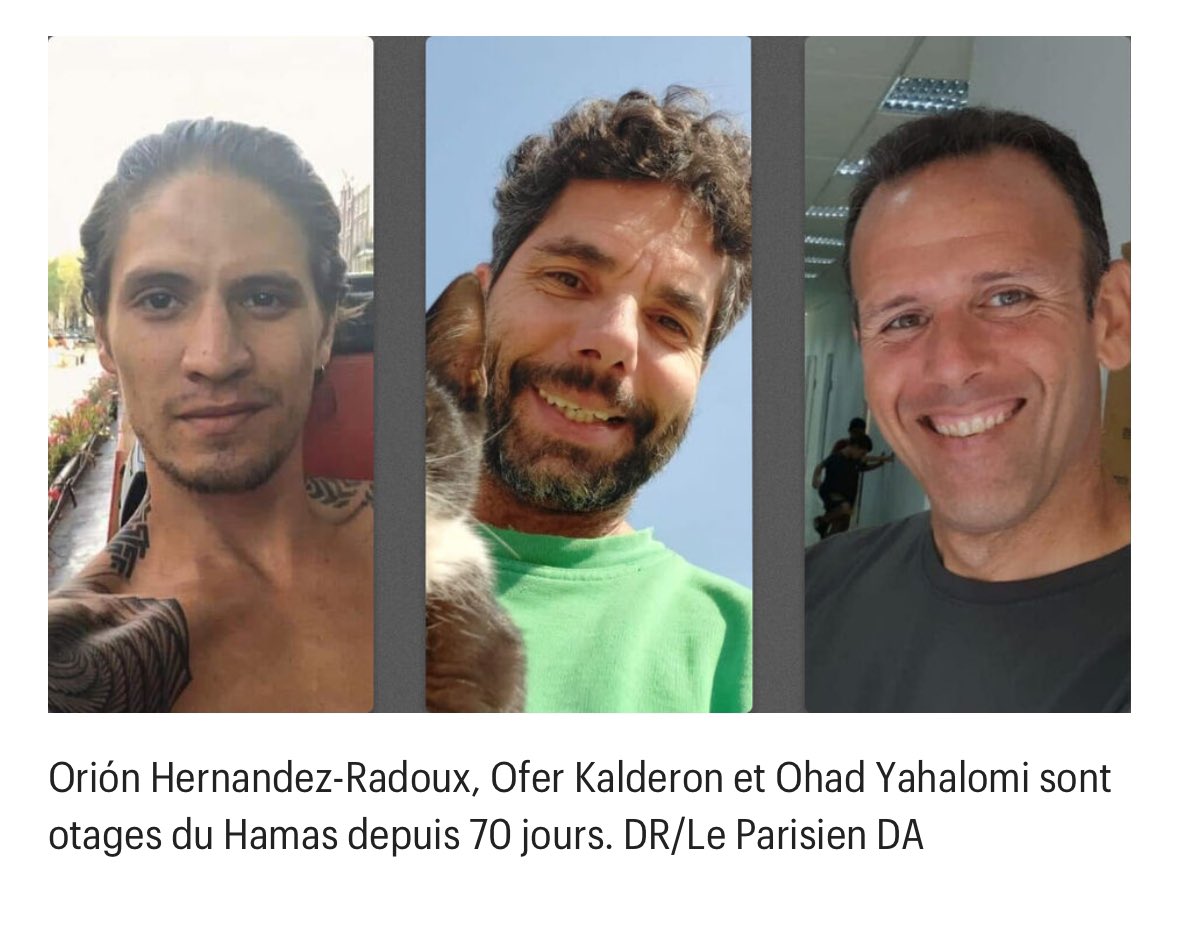 Ce soir les familles de dizaines d'otages apprennent la terrible nouvelle. 3 Francais sont encore entre les mains des monstres palestiniens du Hamas. Leurs noms et visages devraient être rappelés chaque jour dans les médias.