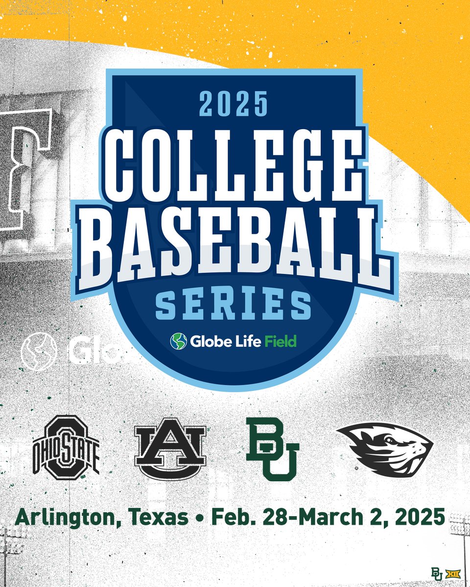 We're headed back to Globe Life! 🏟️ Next season, we'll take on Auburn, Ohio State and Oregon State in Arlington as part of the 2025 College Baseball Series. Read More ➡️ baylorbea.rs/4bnpHmL #SicEm 🐻⚾️ | #Together