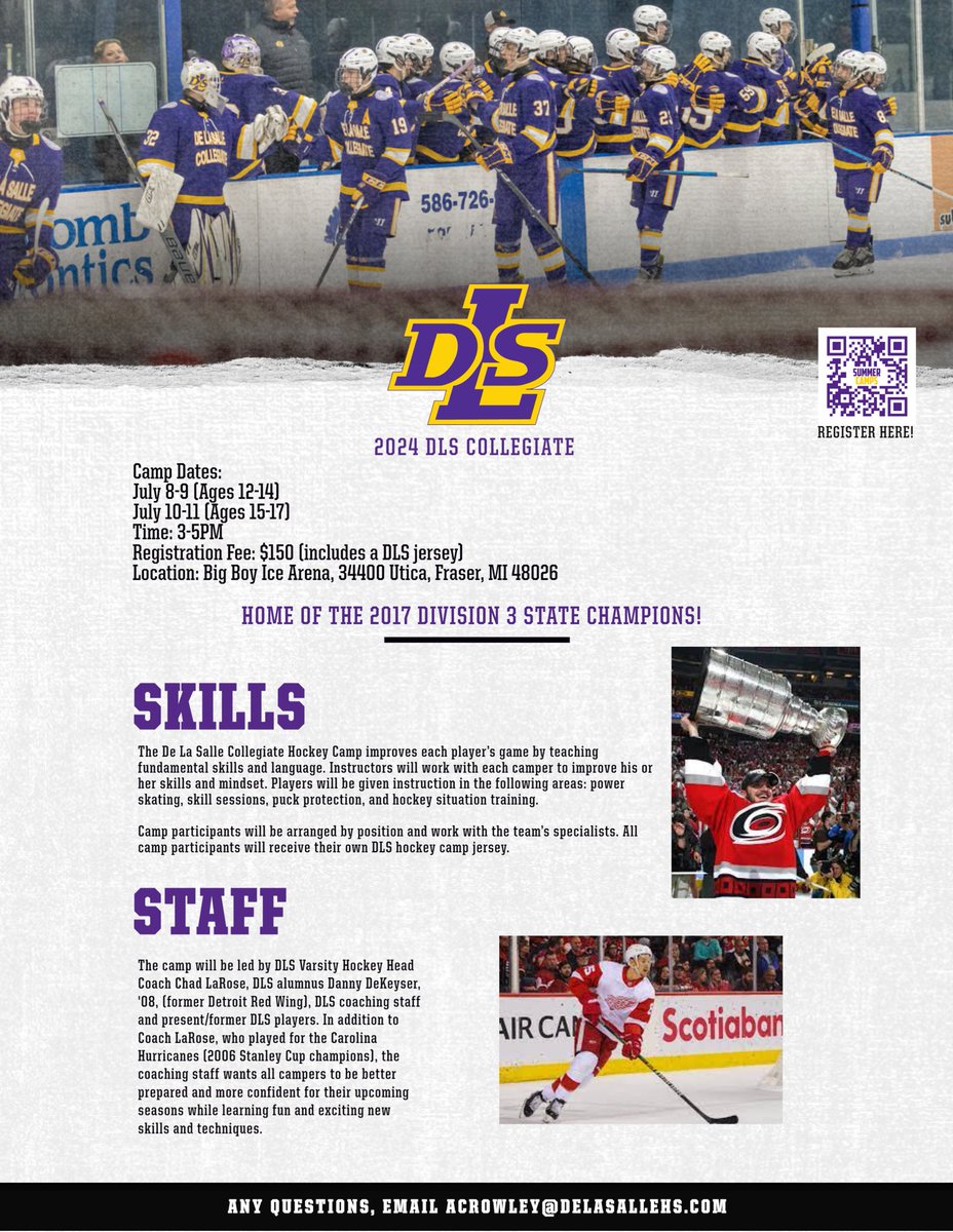#ICYMI: Registration's open for the DLS summer hockey camp, led by former #NHL pros Chad LaRose and Danny DeKeyser, '08!

Camp for kids 12-14 takes place July 8-9, while camp for kids 15-17 is from July 10-11. Both camps will be at Big Boy Arena.

SIGN UP: tinyurl.com/4erfey8r