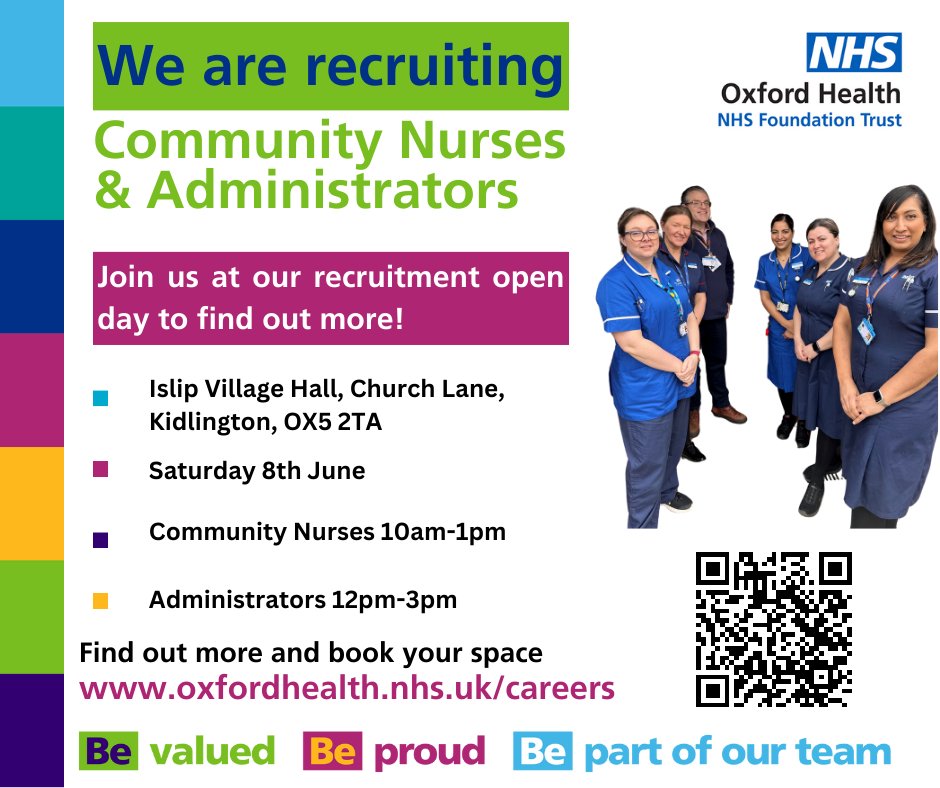 Recruitment Open Day 

Saturday 8th June 

10am to 1pm - Community Nurses 
12pm to 2pm - Administrators

Come and chat to our team to find out more!

Book your space today - loom.ly/OLovK6Q 

#OneOHFT #WorkWithUs #Hiring #NHSJobs #JoinOurTeam