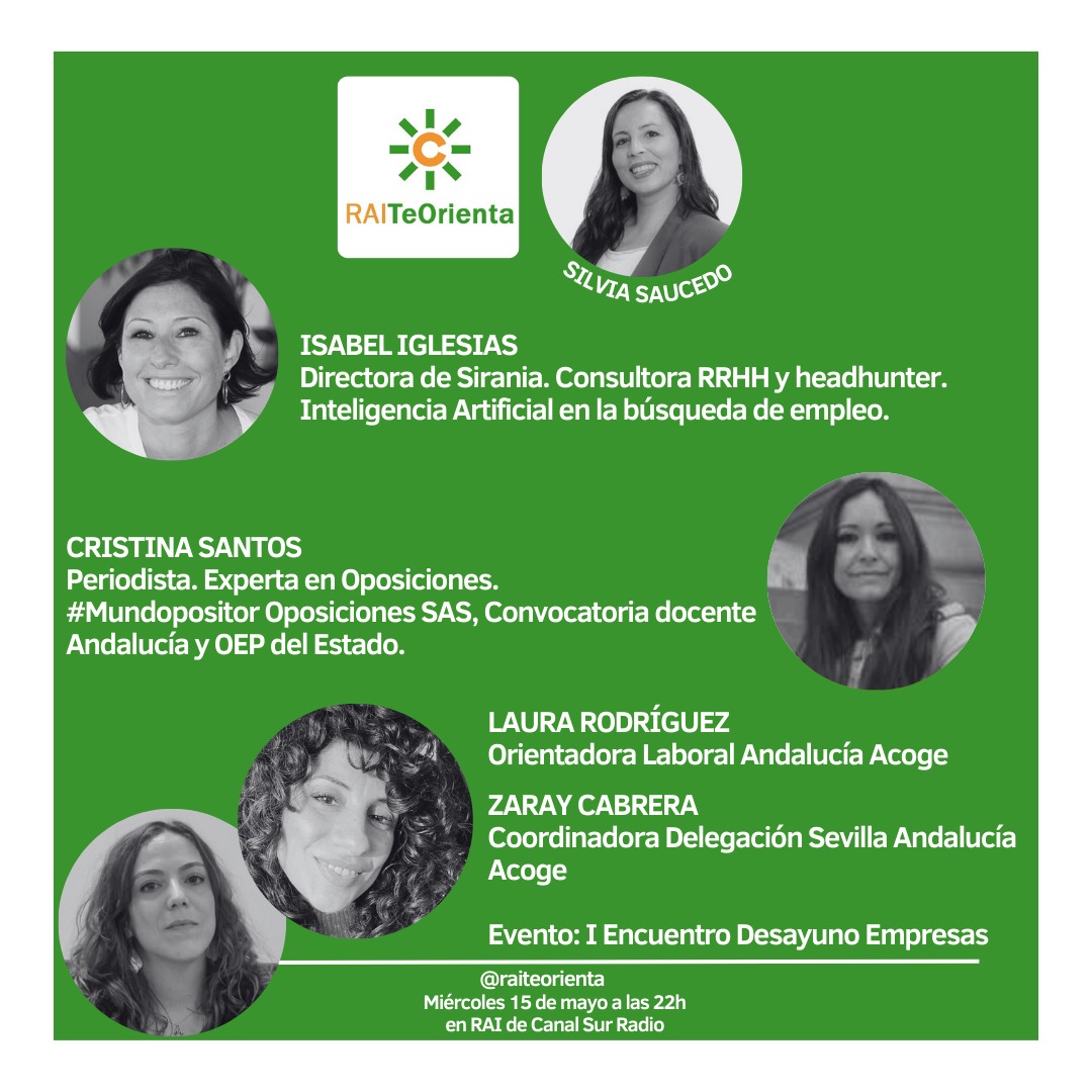 Orientación Laboral en Radio Andalucía Información (@orientacion_csr) on Twitter photo Podcast de #RAITeOrienta con <a href="/SaucedoSilv/">Silvia Saucedo</a> e:
🟢 <a href="/isa_iglesias_al/">Isabel Iglesias 💡</a> IA en la búsqueda de #empleo
🟢 <a href="/mundopositor/">Mundopositor</a> #Oposiciones SAS, Convocatorias Andalucía y ➕️
🟢 <a href="/lrodgil/">Laura Rodriguez Gil</a> entrevista a Zaray Cabrera de <a href="/andaluciaacoge/">Andalucía Acoge</a> I Encuentro Desayuno con Empresas
canalsur.es/radio/programa… Podcast de #RAITeOrienta con <a href="/SaucedoSilv/">Silvia Saucedo</a> e:
🟢 <a href="/isa_iglesias_al/">Isabel Iglesias 💡</a> IA en la búsqueda de #empleo
🟢 <a href="/mundopositor/">Mundopositor</a> #Oposiciones SAS, Convocatorias Andalucía y ➕️
🟢 <a href="/lrodgil/">Laura Rodriguez Gil</a> entrevista a Zaray Cabrera de <a href="/andaluciaacoge/">Andalucía Acoge</a> I Encuentro Desayuno con Empresas
canalsur.es/radio/programa…