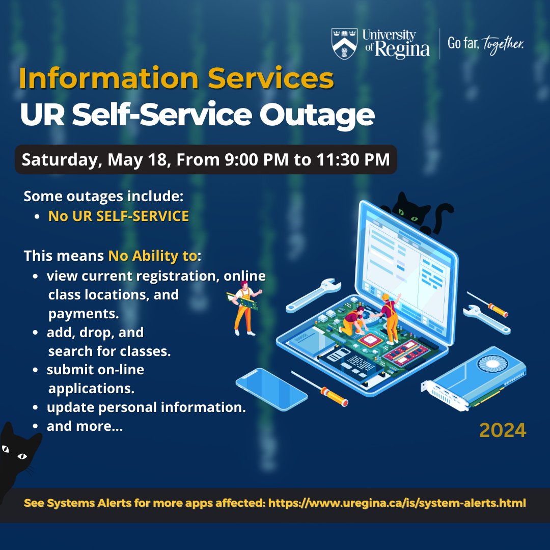 Information Services, IS Service Desk (IT Support) (@uofreginais_it) on Twitter photo UR Self-Service and applications outage <a href="/UofRegina/">University of Regina</a> Saturday, May 18, from 9PM to 11:30PM. For more information, see uregina.ca/is/system-aler… UR Self-Service and applications outage <a href="/UofRegina/">University of Regina</a> Saturday, May 18, from 9PM to 11:30PM. For more information, see uregina.ca/is/system-aler…