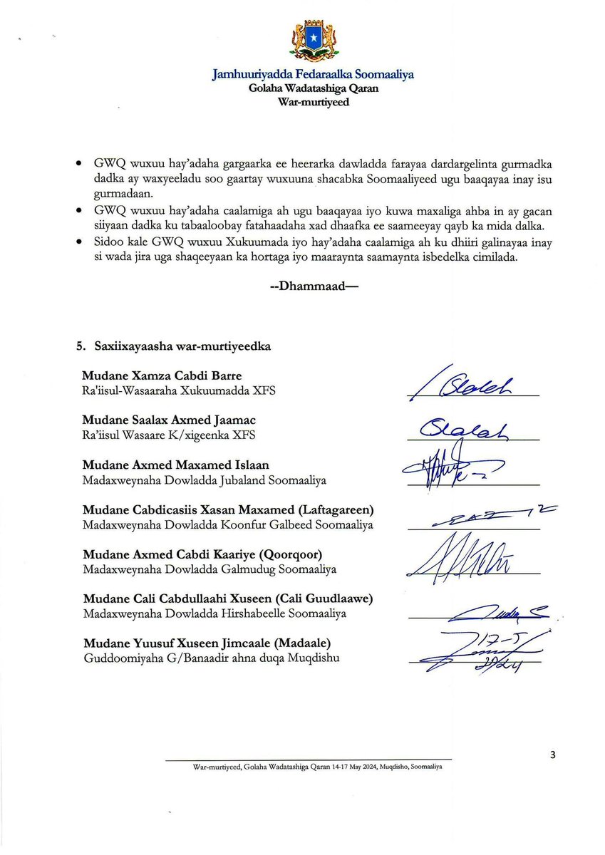 BREAKING: Somalia’s federal and regional leaders have endorsed amendments made to the first four chapters of the constitution and urged the parliament to accelerate work on approving the remaining chapters of the constitution in consideration of past agreements reached by the