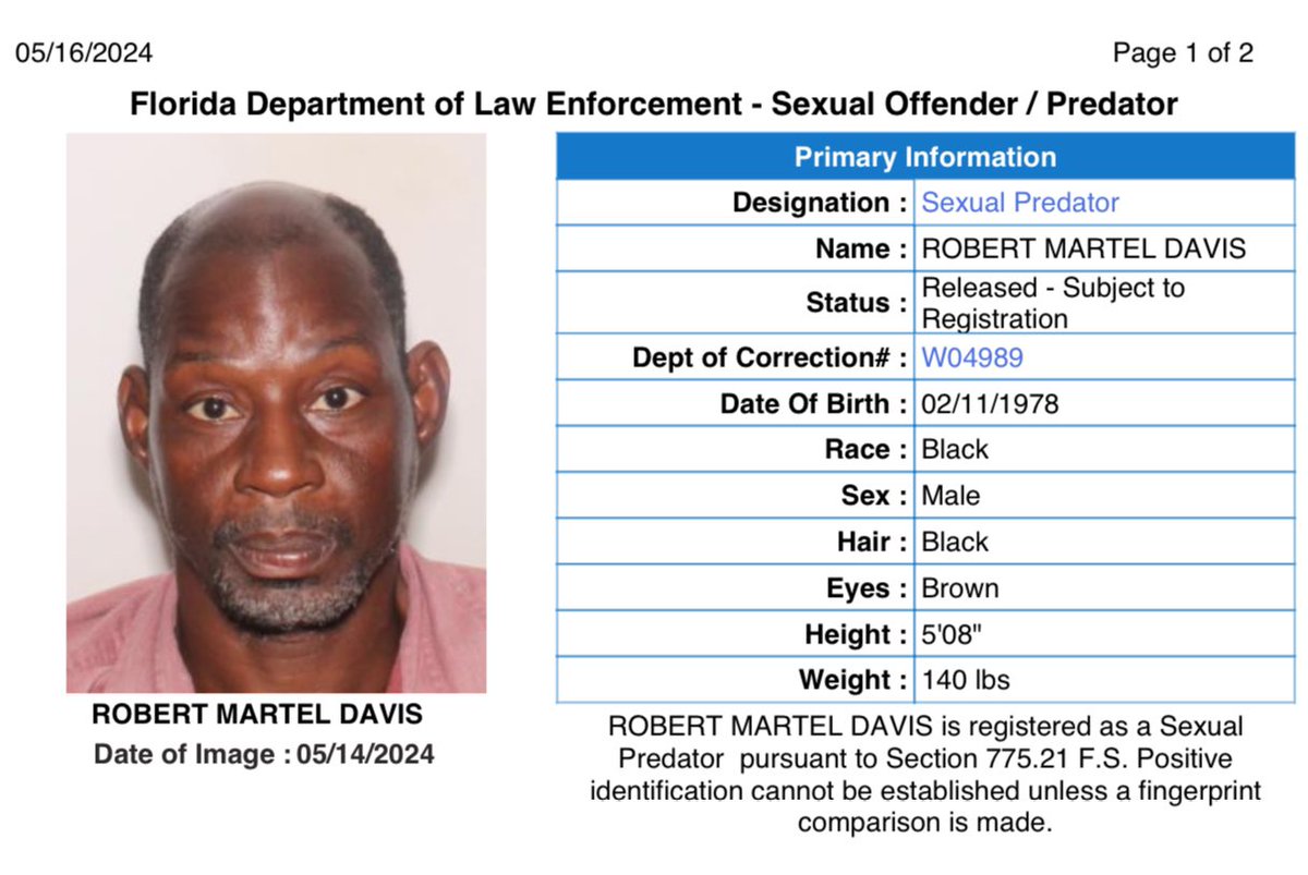 Important Information 🚨 The following sexual predator has registered an address located in Palm Beach County: Robert Davis (DOB: 2/11/1978), currently residing at 5100 45th St., Apt. 10 West Palm Beach, FL 33407. To check predators in your area visit: icrimewatch.net/index.php?Agen…