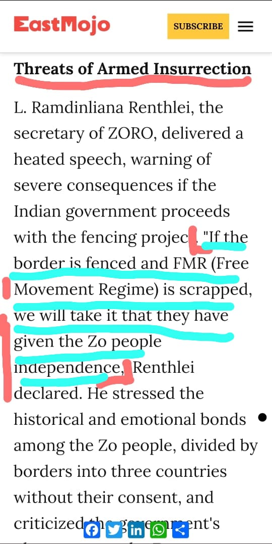 Two interesting💥 news coming out from Mizoram in the last few days. 1.Govt ready to collect biometric data of illegal immigrants. 2.Threats of 'ARMED RESURRECTION' & 'DECLARATION OF INDEPENDENCE' if border is fenced by ZORO(it is 4 intg of zo ppl frm IMB) eastmojo.com/mizoram/2024/0…