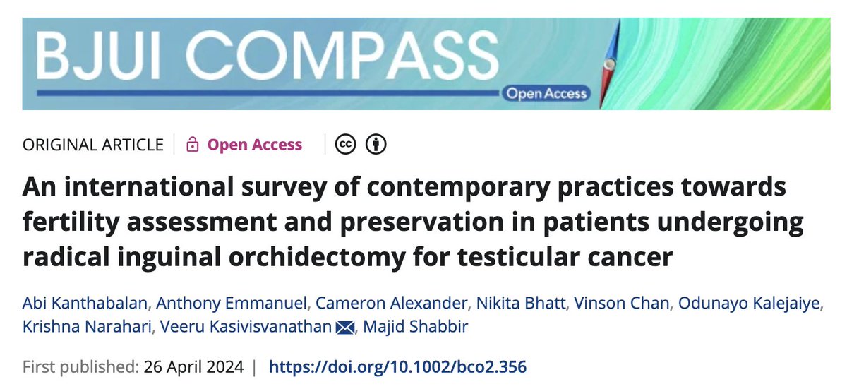 Premise for our work now published open access in @BJUICompass is that male fertility is too often an afterthought when managing men with a new diagnosis of #TesticularCancer A 🧵 on the problem and our key results: