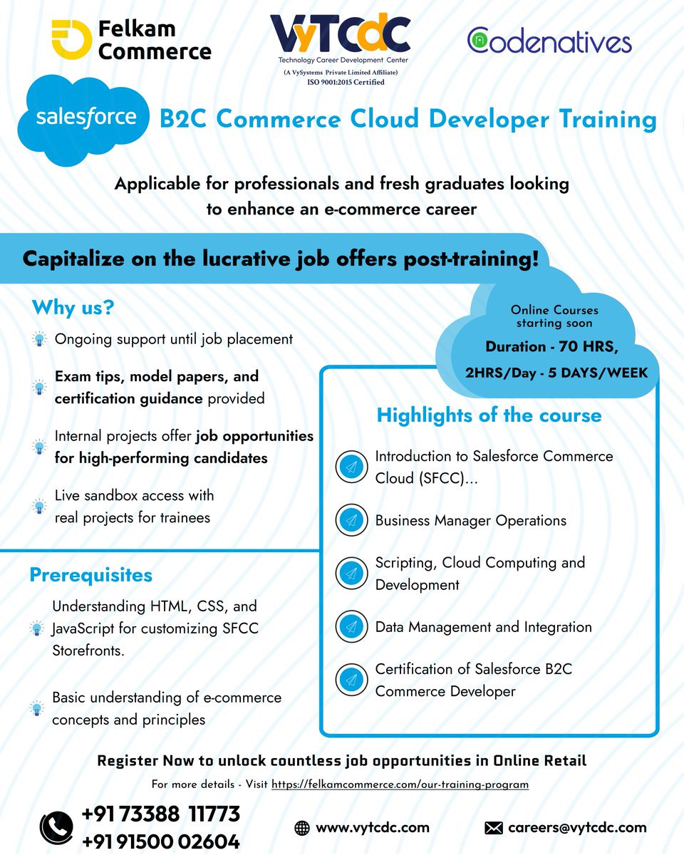 Unlock job opportunities in online retail with our Salesforce B2C Commerce Cloud Developer Training! Perfect for professionals and fresh grads. 70-hour online course with ongoing support, exam tips, and real projects. Register now! #Salesforce #eCommerceCareer #developertraining