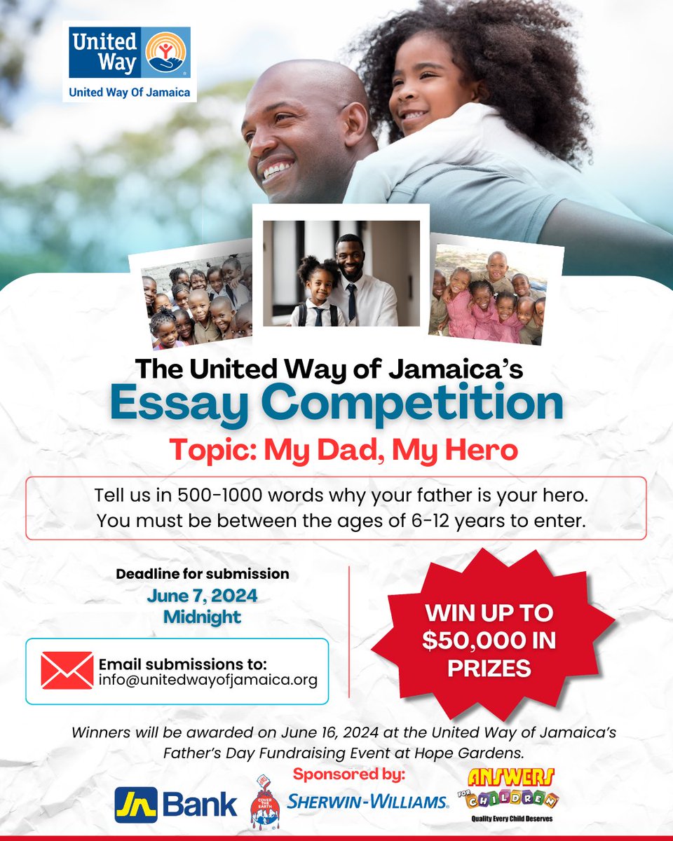 Join the United Way of Jamaica in celebrating Father's Day by participating in our essay competition for children ages 6-12. Let's honour the amazing dads out there - submit an essay for your child and let them share why their dad is their hero. Link:linktr.ee/uwj1985