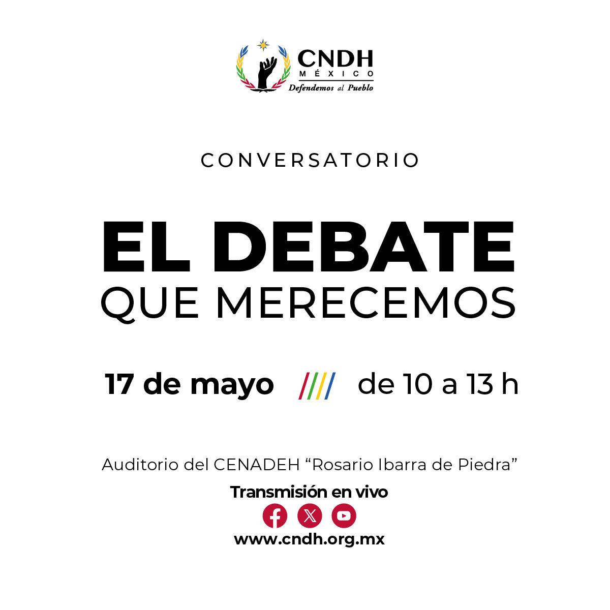 Acompáñanos hoy a partir de las 10 hrs., en el Conversatorio 'El debate que merecemos'. 🔵 A través de nuestras redes sociales. #DefendemosAlPueblo