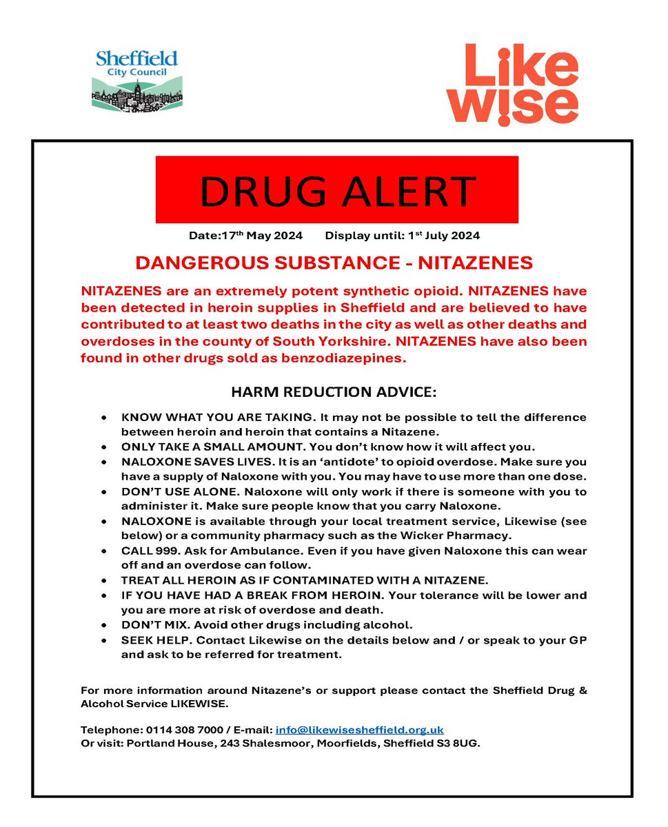 DANGEROUS SUBSTANCE ALERT - NITAZENES ⚠️ Nitazenes, an extremely potent synthetic opioid, have been detected in heroin supplies in Sheffield and are believed to have contributed to at least 2 deaths in the city as well as other deaths and overdoses in the county of S. Yorkshire