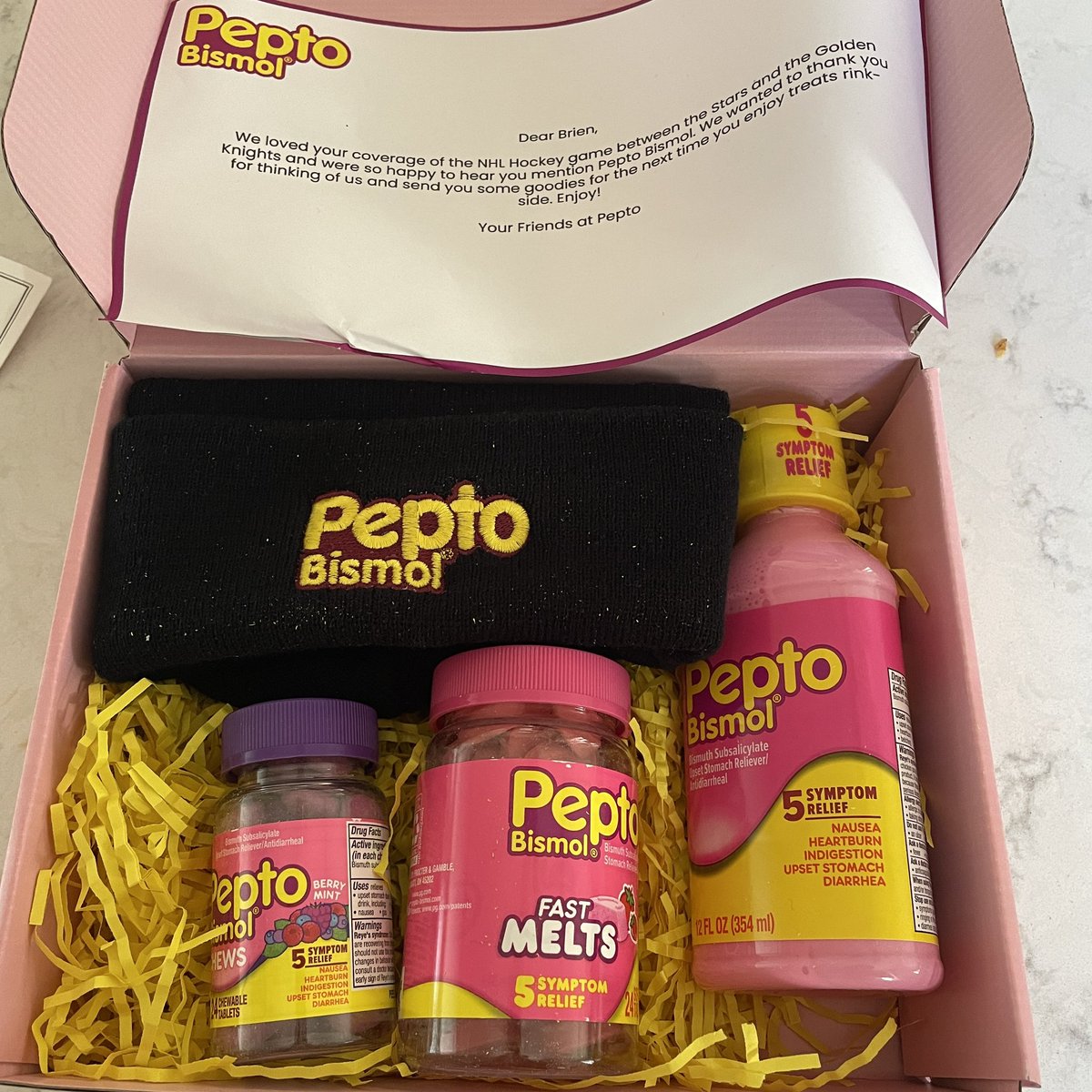 When you make an on-air joke during a #TexasHockey Game 7 in the Stanley Cup Playoffs… and @Pepto-Bismol hears about it 😂. 

Never had this on my Bingo card, but thanks for the care package. I guess this will help the nerves for the rest of the playoff run… 😂😂
