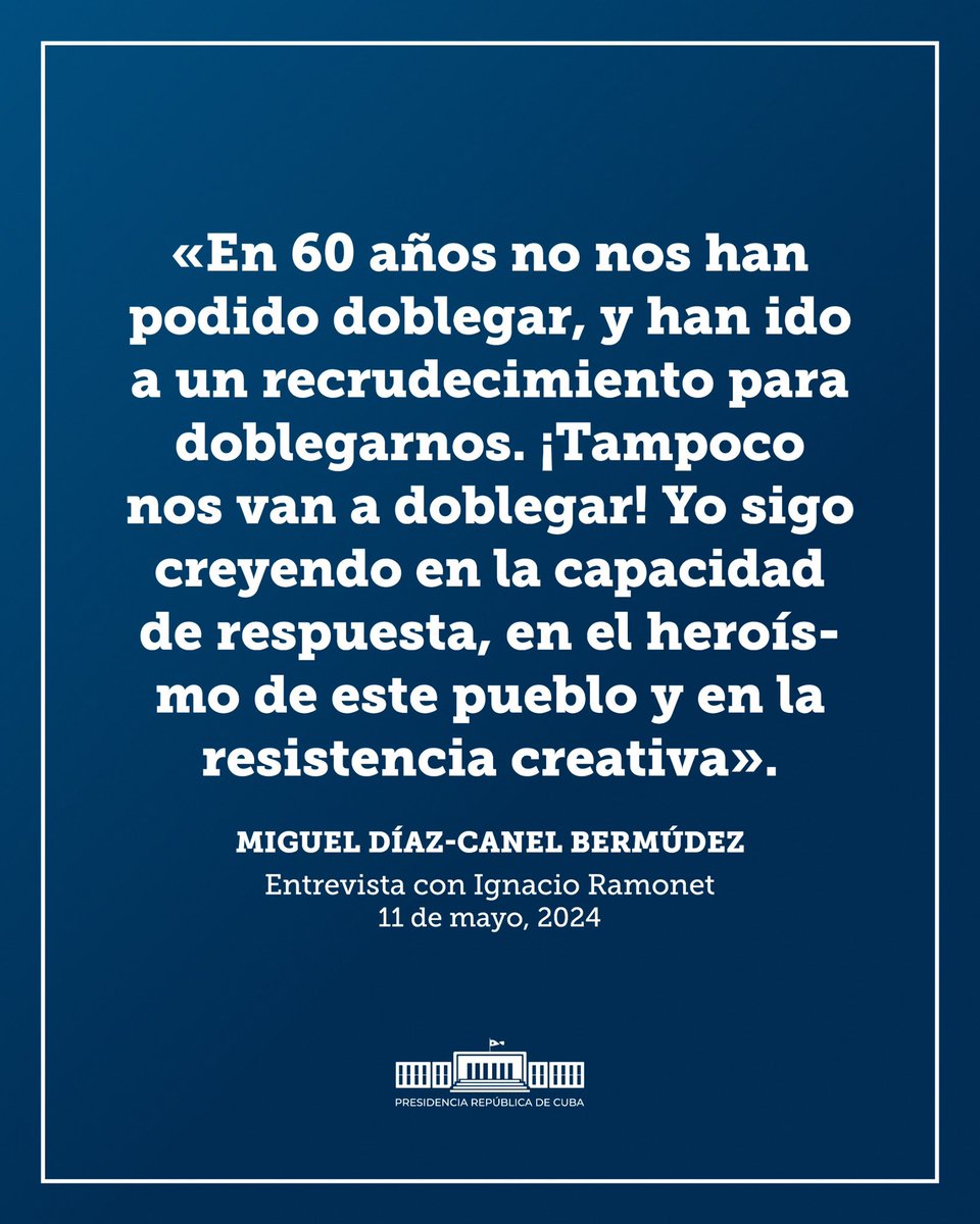 🇨🇺| @DiazCanelB: “En 60 años no nos han podido doblegar, y han ido a un recrudecimiento para doblegarnos. ¡Tampoco nos van a doblegar!  Yo sigo creyendo en la capacidad de respuesta, en el heroísmo de este pueblo y en la resistencia creativa.” 🔗| youtu.be/czRCgtEve2g?si… #Cuba