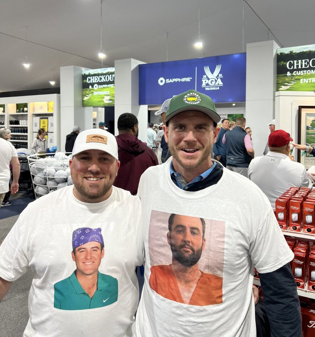 🚨🚔👕 Scottie Scheffler mug shot shirts are already floating around Valhalla 🤣 #PGAChamp @SchefflerFans