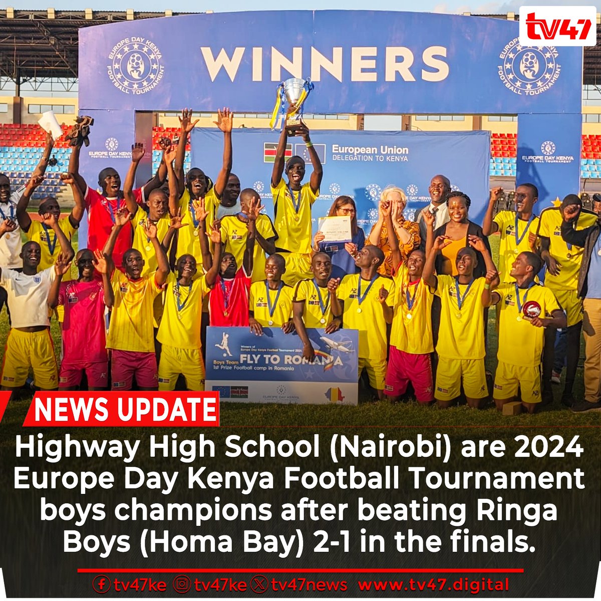 Highway High School (Nairobi) are 2024 #EuropeDayKenya Football Tournament boys champions after beating Ringa Boys (Homa Bay) 2-1 in the finals. The finals of the tournament -- meant to celebrate youth, diversity and the unifying power of football -- took place at Ulinzi