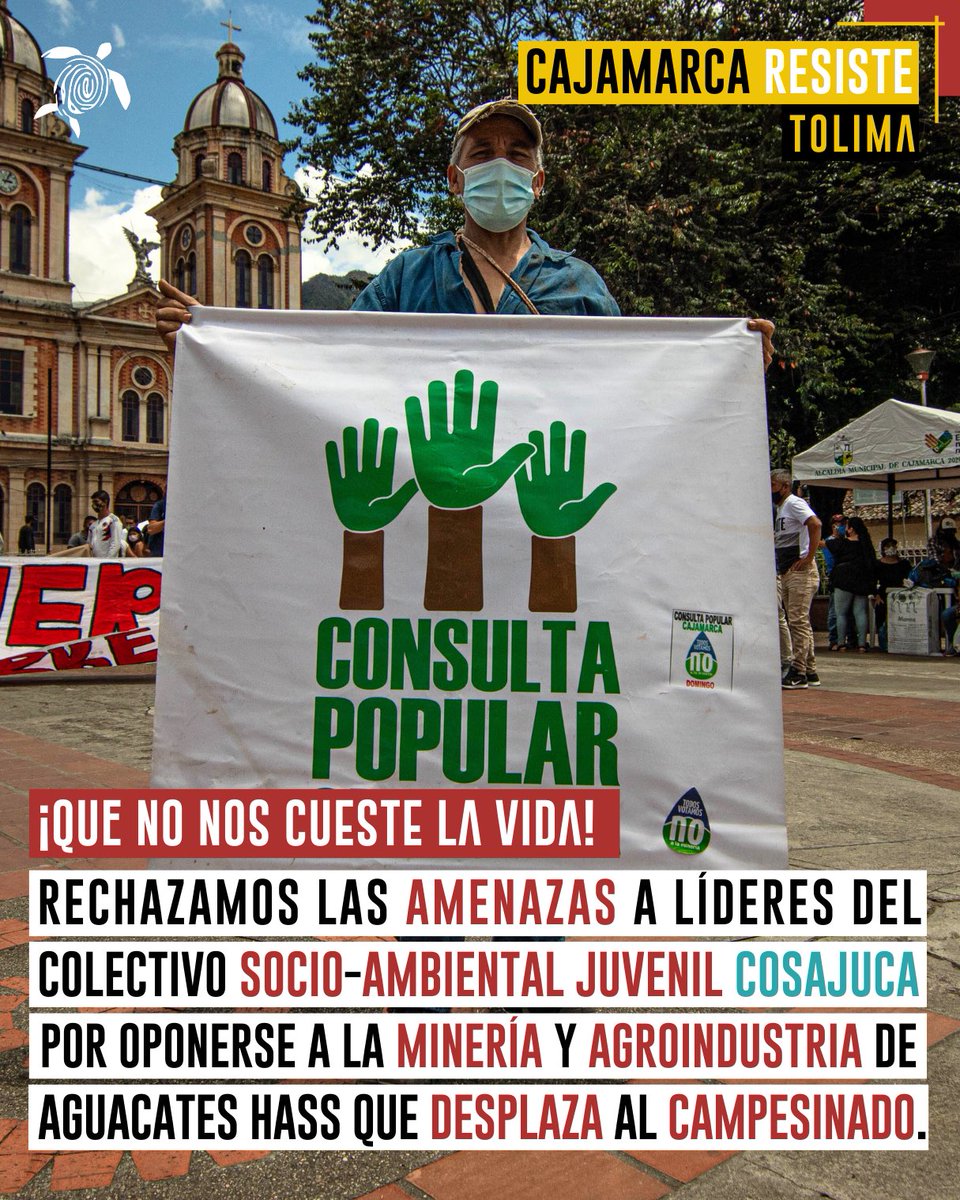 ✊ Denunciamos amenazas y persecución contra defensores del territorio en #Cajamarca, Tolima. Exigimos a @fiscaliacol priorizar denuncias y pedimos cambios en la política de paz para proteger a líderes ambientales. ¡Que defender la vida no nos cueste la vida! #Resistencia 🌱✊🏽