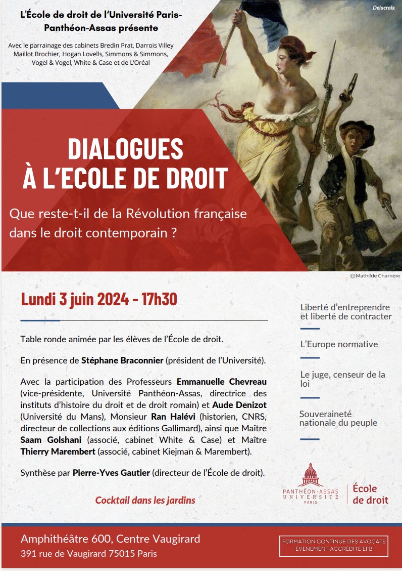 🇫🇷 Que reste-t-il de la Révolution française dans le droit contemporain ? #ConfAssas #AssasUniv 💬 C'est autour de cette question que @CddEddAssas , l'École de droit d' @assasuniversite , organise ses prochains dialogues + d'infos : assas-universite.fr/fr/evenements/…