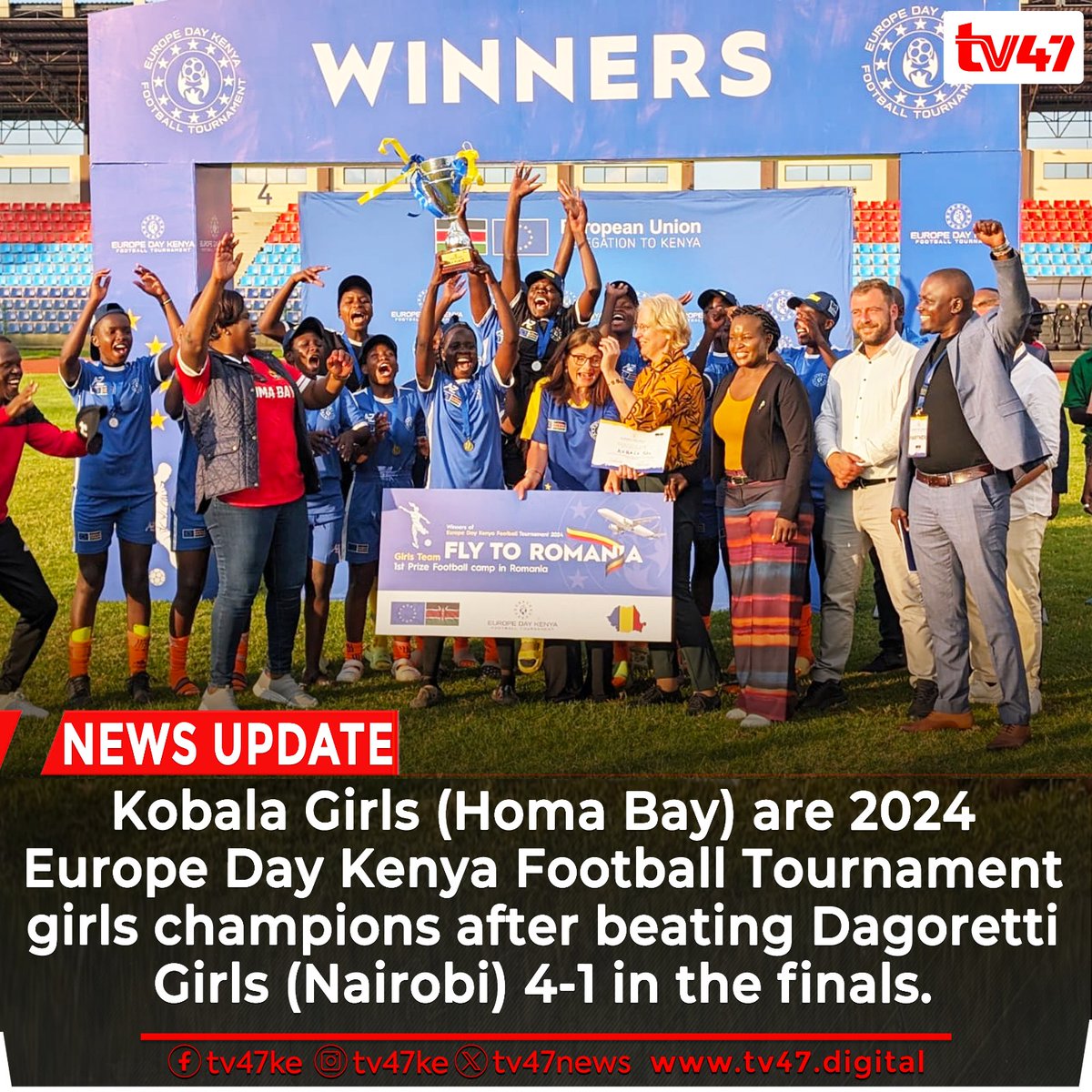 Kobala Girls (Homa Bay) are 2024 #EuropeDayKenya Football Tournament girls champions after beating Dagoretti Girls (Nairobi) 4-1 in the finals. The finals of the tournament -- meant to celebrate youth, diversity and the unifying power of football -- took place at Ulinzi Sports