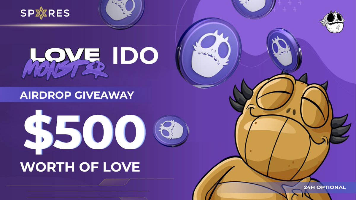 📢 @Spores_Network X @PlayLoveMonster 𝗔𝗜𝗥𝗗𝗥𝗢𝗣 𝗚𝗜𝗩𝗘𝗔𝗪𝗔𝗬 Get ready for an adrenaline rush and dive into a world of rewards with Love Monster and Spores Giveaway! 🎁 Exclusive Prizes: Grab your share of $500 worth of LOVE by completing all the tasks below. - Top 5