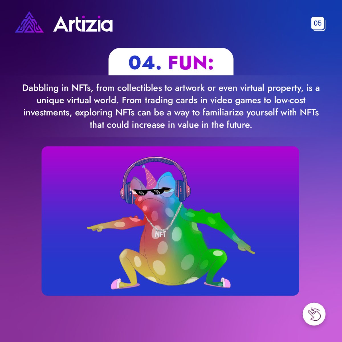 Step into Artizia's NFT universe! 🔒💰From safeguarding assets to unique investments, own a piece of the digital future. 🏡🎮
.
.
.
#NFTMagic #Artizia #DigitalAssets #InvestSmart #NFT #DigitalArt #VirtualProperty #CryptoInvestment #Blockchain #Digital #ArtiziaNFT #NFTCommunity