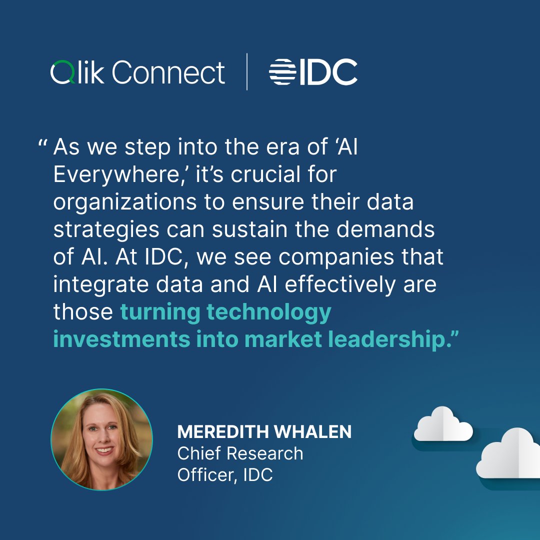 At #QlikConnect, you’ll learn about real-world applications of Qlik solutions from industry experts like @IDC’s Meredith Whalen. Check out some of her #AI insights ⬇️ and register now to hear Meredith’s POV on the intersection of AI and data management: bit.ly/3VijaV9