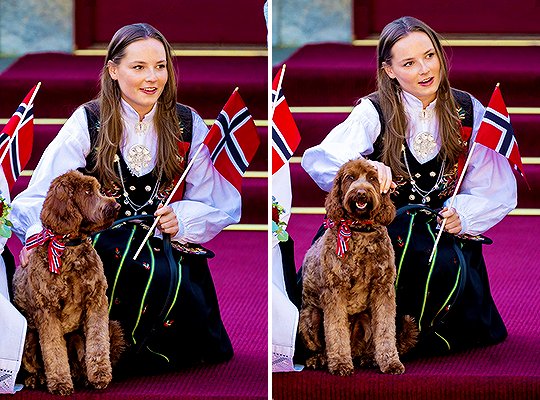 Princess Ingrid Alexandra joined by their dog Molly during the celebrations of the National Day at the residence in Norway today. 
#PrincessIngridAlexandra  #CrownPrincess #FridayMotivations #RoyalFamily #Norway #Fridayvibes #PrinxeHaakon #fridayfeelings #friday #NationalDay