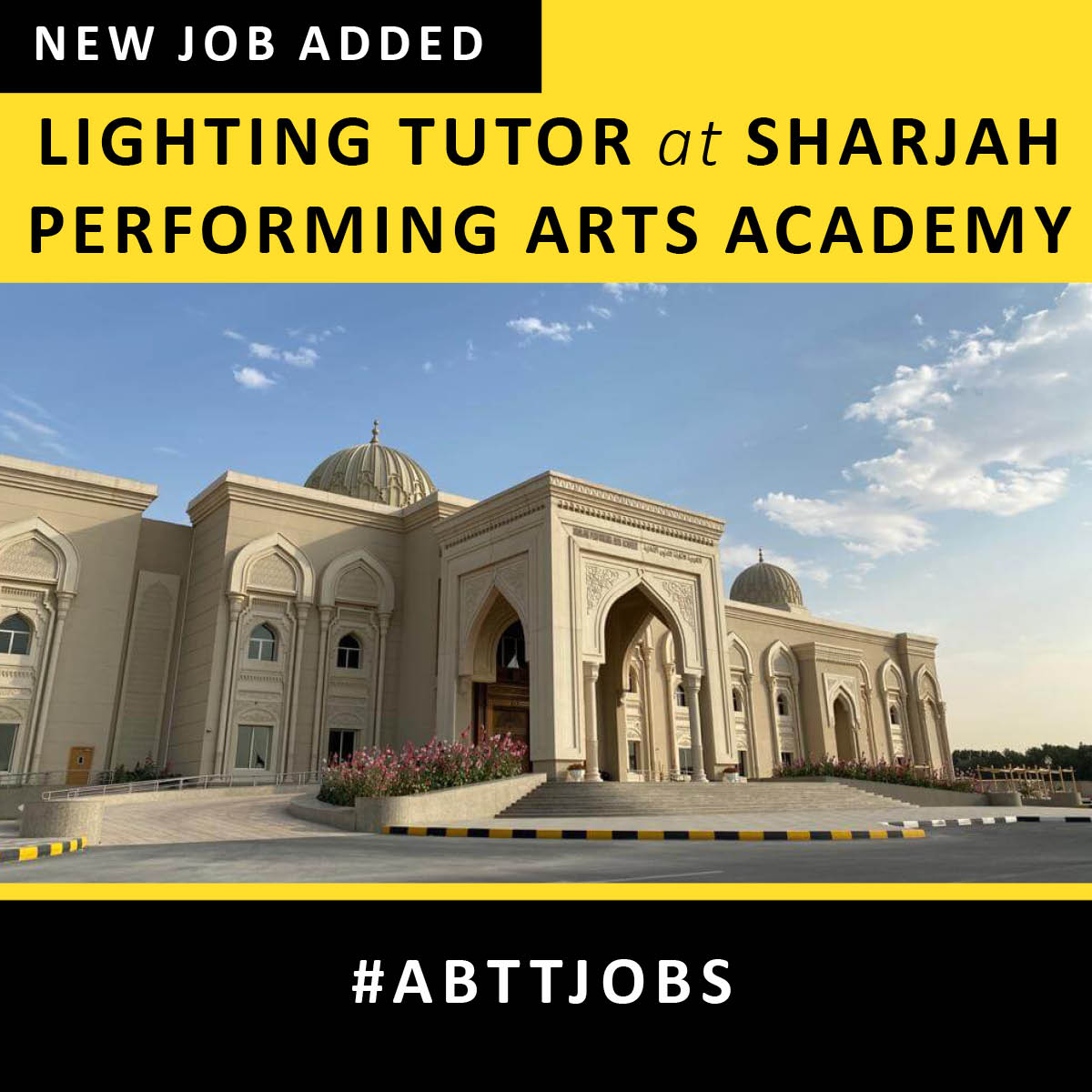 Sharjah Performing Arts Academy are hiring a Lighting Tutor to join their global team based in Sharjah, United Arab Emirates.

Find out more and apply here: abtt.org.uk/jobs/lighting-…

#ABTTjobs