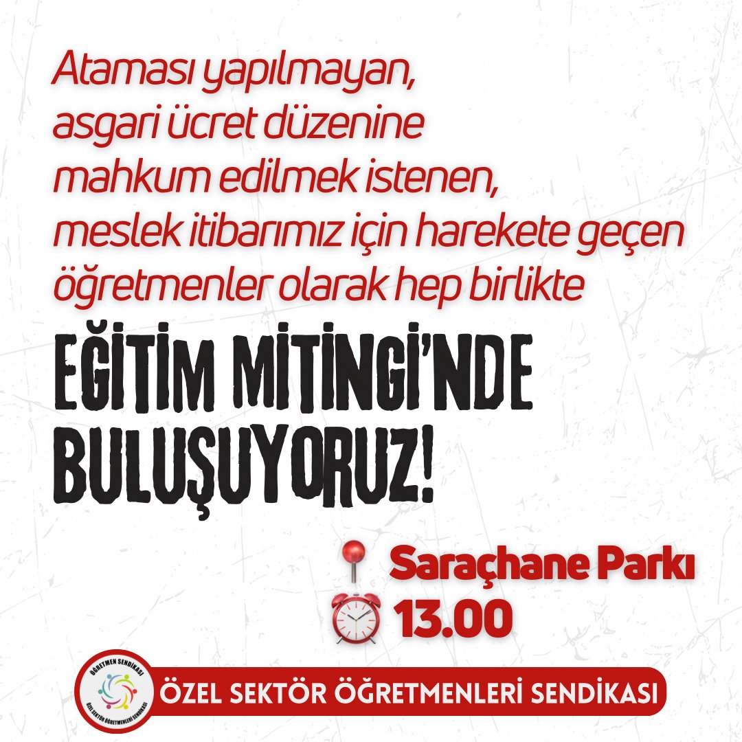 Cumartesi 13.00🕧 Saraçhane Parkı 🗒️ Öğretmene çalışma hakkı, ekonomik, sosyal ve demokratik haklar, itibar ve saygı! ◾Dostlar! Bu mesleği ve emeğimizi savunmak için güvencesizler alanından mücadele başlattık. Çağrımız size! Çağrımız #26MayıstaMEBÖnüne Yarın, sermayenin