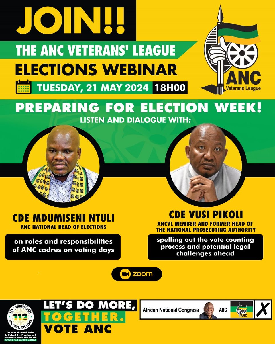 Before you hit the campaign trail this weekend diarise the @MyANCVL webinar to prepare for election week.  Join @MyANC Head of Elections Mdu Ntuli @sompisi_g and @GautengANC Veterans' League leader Vusi Pikoli.

Click the link to join:  us02web.zoom.us/j/82820569491?…

#VoteANC