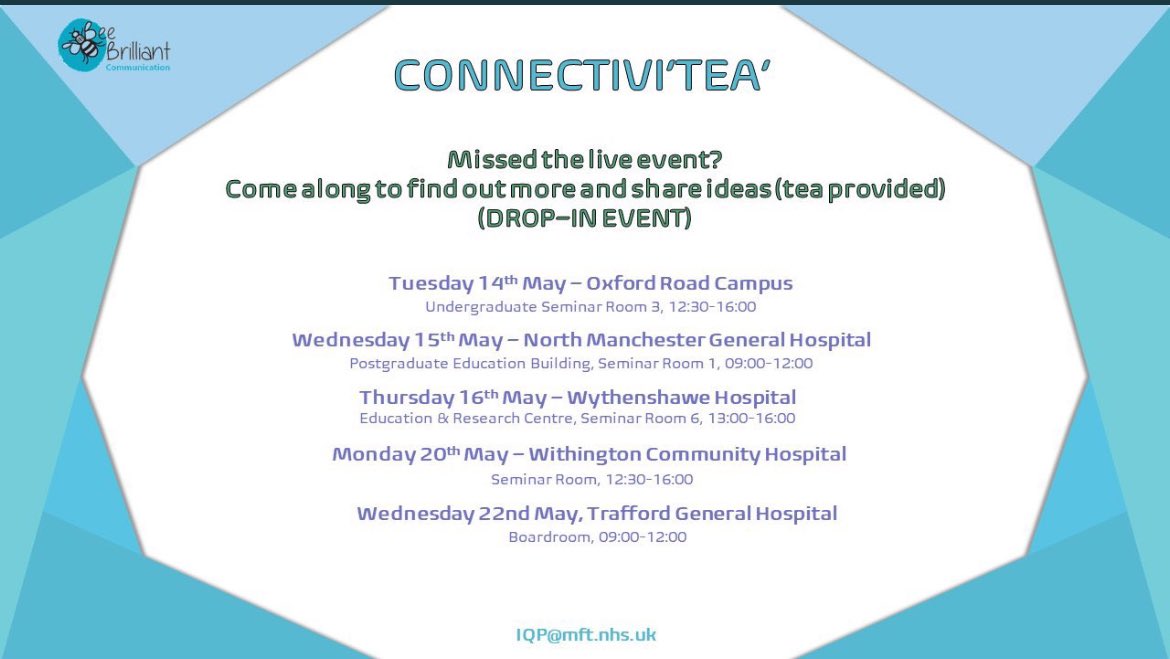We’ve had more Bee Brilliant Connectivi’tea’ events this week! We will be at Withington & Trafford next week, come along and connect with your colleagues and discuss the Call To Actions #BeeBrilliant
