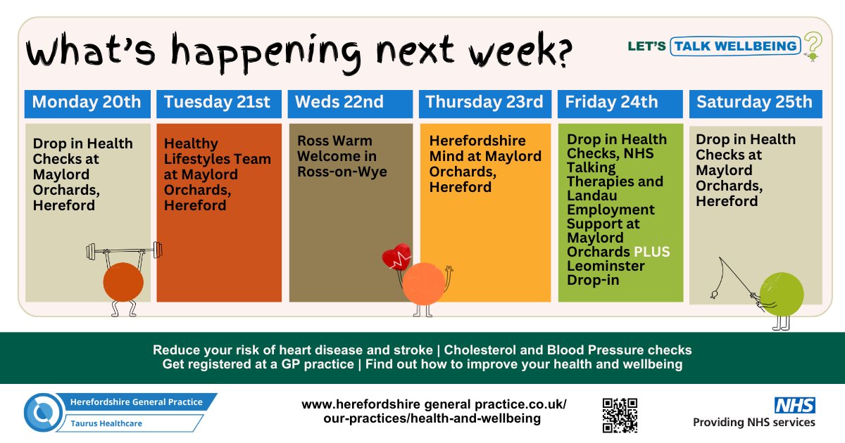 See below for what's happening at our Talk Wellbeing Hub in Hereford next week and details of our pop-up events. Please do come and meet our friendly team if you're in the area! See below or for more details: herefordshiregeneralpractice.co.uk/health-and-wel… @HfdsCouncil @NHS_HW @HWHerefordshire