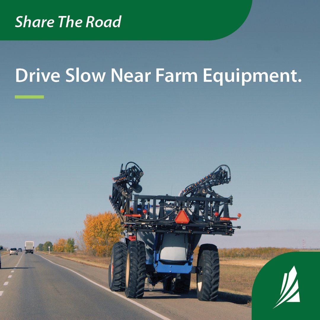 Farm equipment on roadways is a common sight. Slow down, stay patient and give the driver enough room to ensure your safety and theirs. @SKGovHwyHotline #SaskAg